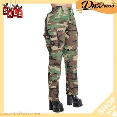 Women Casual Camouflage Print High Waist Straight Leg Pants Fitted Camouflage Cargo Pants, Fitted Camouflage Pants With Cargo Pockets, Fitted Camouflage Military Pants, Fitted Full Length Camouflage Pants, High Waist Military Pants In Khaki, High Waist Khaki Military Pants, High Waist Military Khaki Pants, Spring Military Style Camouflage Bottoms, Military Style Camouflage Bottoms For Spring