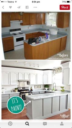 before and after pictures of a kitchen remodel with white cabinets, wood floors and stainless steel appliances