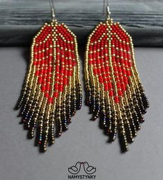 Leaf Red Long earrings Autumn Chandelier beaded earrings Gold | Etsy Red Bohemian Beaded Earrings With Gold Beads, Bohemian Red Beaded Earrings With Gold Beads, Red Gold Beaded Drop Earrings, Elegant Red Earrings With Gold Beads, Festive Red Beaded Chandelier Earrings, Free Seed Bead Patterns, Beaded Bracelet Tutorial, Seed Bead Patterns Free, Hoop Earrings Diy