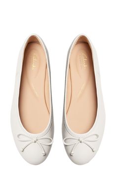 A delicate vamp bow lends timeless appeal to a rich leather flat set on a cushioned footbed for lasting comfort. Cushioned footbed Leather upper and lining/rubber sole Imported White Flats Outfit, Cute Shoes Flats, White Ballet Flats, White Flat Shoes, Bridal Shoes Flats, Flat Dress Shoes, Red Flats, Aesthetic Shoes, Womens Ballet Flats