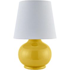 a yellow table lamp with a white shade