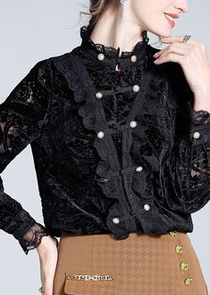 Elegant Black Stand Collar Lace Patchwork Button Silk Top Long SleeveFabric: SilkSize & Fit: Fit: This garment fits true to size.Length: Size L measures 25.155"from shoulder to hemBust: Great for any cup size. Waist: Loose Fit. Comfortable room throughout midsection.Hip: Loose Fit - room for hips. Hand Wash Cold. Winter Button-up Blouse With Buttons, Chic Buttoned Blouse For Winter, Chic Winter Blouse With Buttons, Chic Blouse With Buttons For Winter, Black Patchwork Button-up Top, Elegant Fitted Patchwork Tops, Elegant Fitted Tops With Patchwork, Black Top With Stand Collar And Button Closure, Elegant Fitted Blouse With Patchwork