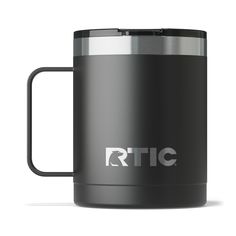 the rtic coffee mug is black and silver