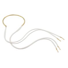 The Anuket versatile scarf necklace comes in a half hard collar with two strands of ultra capped with designed tube charm. This necklace scarf is so versatile! Could be worn 5 different ways! Brass base 18K gold plated 4mm half hard round collar with caps: Size: 5 3/4" W x 3 3/4" H Flat ultra suede strands Size: 19 1/2"L x 1/8" W Tube design end caps size: 2.4mm x 19mm Total length from top of cap to bottom tube cap is app. 23 1/2" Customize look up to five ways * Made to order- please allow 4- Convertible Necklace, Diamond Ear Cuff, Mask Necklace, Scarf Necklace, Gold Ear Cuff, Gold Collar, Cord Bracelets, Cord Necklace, Gold Fashion