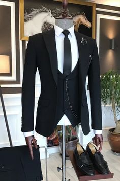 Goddard Black Peaked Lapel Three Pieces Formal Business Suits Wedding Suits Men Black, Blazer Waistcoat, Suit Styles, Men's Business Suits, Suits Men Business, Dress Suits For Men, Business Suits, Prom Suits, Slim Fit Suits