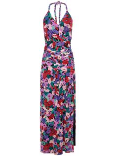 Spring Multicolor Dress With Ruched Bodice, Multicolor Spring Dresses With Ruched Bodice, Floral Print Sleeveless Dress For Spring Evening, Evening Floral Print Maxi Dress With Halter Neck, Chic Sleeveless Dress With Floral Print For Evening, Multicolor Floral Print Maxi Dress For Evening, Multicolor Ruched Midi Dress With V-neck, Multicolor Ruched V-neck Midi Dress, Ruched Maxi Floral Dress For Garden Party