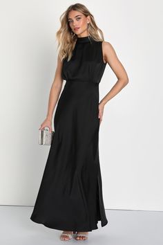 Feel like the Queen that you are in the Lulus Classic Elegance Black Satin Sleeveless Mock Neck Maxi Dress! Luxe woven satin shapes this gorgeous dress that has a mock neckline and a sleeveless bodice with gathered fabric detailing. An elasticized waist tops a stunning maxi skirt complete with twin side slits. Keyhole opening and double button closure at back. Hidden back zipper/clasp. Fit: This garment fits true to size. Length: Floor length. Size medium measures 60.5" from shoulder to hem. Bus Mock Neck Maxi Dress, Groomsmen Outfits, Nye Wedding, Sleeveless Mock Neck, Black Bridesmaids, Satin Noir, Formal Dresses Gowns, Mock Neck Dress, Black Bridesmaid Dresses