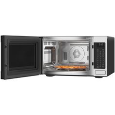 a microwave with the door open and food inside