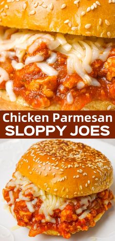 chicken parmesan sloppy joes on a white plate with text overlay that reads chicken parmesan sloppy joes