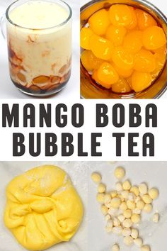 A collage of photos showing how to make mango boba pearls and use them in a drink. Mango Bubble Tea, Mango Tapioca, Mango Boba, Simple Sugar Syrup, Boba Bubble Tea, Tapioca Pudding, Boba Pearls, Tapioca Starch