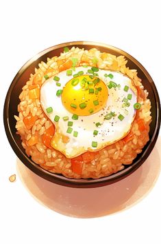 an egg is on top of rice in a black bowl with green onions and scallions