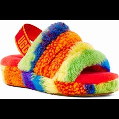 Never Worn Still In The Box Ugg Fluff Yeah Slides, Colorful Midi Dress, Fluff Yeah Slide, Ugg Womens, Slide Slippers, Rainbow Gift, Kids Uggs, Woven Labels, Rainbow Pride