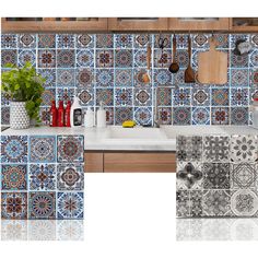 a kitchen with blue and white tiles on the wall, sink and counter top in front of it