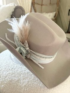 Women's cowboy hat  Boots not included  Decorative wool cowboy hat.  Geo quarts charm attached One size fits most  56-58  Adorable   All sales final. Birthday girl, bride to be, bachelorette fun.  Need a different color ? Message me. light gray  hat, blues , whites and creams and silvers Bride Cowgirl Hat With Aunflowers, Personalized Cowgirl Hat, Wedding Cowboy Hat Bride, Gray Western Hats For Rodeo, Western Style Wide Brim Gray Hat, Adjustable Western Gray Hat Band, Adjustable Gray Western Hat Band, Adjustable Gray Hat For Rodeo, Boho Wedding Hat