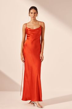 Cowl neck maxi dress with lace up side detail in chilli red in a luxurious silk satin. Cowl Neck Maxi Dress, Wardrobe Sets, Cami Shirt, Shona Joy, Silk Lace, Camilla And Marc, Short Leggings, Dress With Lace, Silk Satin