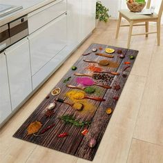 a kitchen area rug with spices and herbs on it