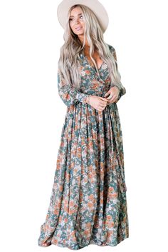 Green Floral Print Surplice V Neck Maxi Dress Green Flowy Maxi Dress For Fall, Flowy Green Maxi Dress For Fall, Green Long Sleeve Floral Dress For Fall, Flowy V-neck Floral Dress For Fall, Casual Maxi Dress With Surplice Neckline For Fall, Flowy Midi Dress With Surplice Neckline For Fall, Flowy Floral V-neck Dress For Fall, Flowy Floral Dress For Fall, Flowy Long Sleeve Floral Dress For Fall