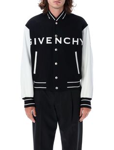 004 GIVENCHY VARSITY BOMBER Leather Varsity Jackets, Givenchy Logo, Givenchy Man, Bold Logo, Leather Sleeves, Leather Cap, Leather Sleeve, Casual Street Style, Striped Long Sleeve