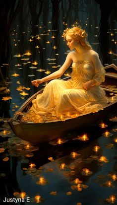 a painting of a woman in a yellow dress sitting on a boat with floating lights