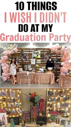 graduation party with balloons and pictures on the wall, and an image of a woman sitting at