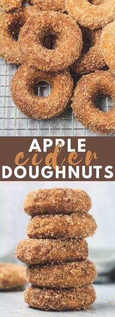 apple cider doughnuts stacked on top of each other with text overlay