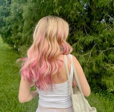 Blonde Sunset Hair, Rose Gold Streaks In Blonde Hair, Hair Colors For The Fall, Hair Dye Inspo For Blondes, Honey And Pink Hair, Blond With Pink Hair, Blonde To Pink Balayage, Two Color Hair Dye Ideas Blonde, Cute Colored Hair Ideas