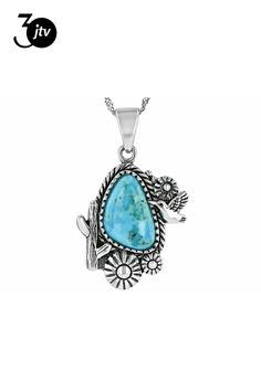 Southwest Style by JTV��� Blue Composite Turquoise Silver Cactus & Hummingbird Pendant With Chain. Measures approximately 1.44"L x 0.90"W. 4.2mm bail. Lobster claw clasp with a 2" extender. This product contains composite turquoise. This means separate pieces of turquoise were bound together. Hummingbird Pendant, Pendant With Chain, Southwest Style, Native American Jewelry, Blue Turquoise, Turquoise Sterling Silver, Turquoise Blue, Lobster Claw, Cactus