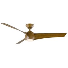 a ceiling fan with two lights on it's sides and a wooden blade in the middle