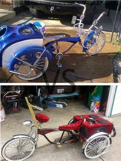 two pictures side by side one has a bike and the other has a motorcycle