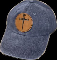 You will receive this attractive, adjustable unisex hat.  This blue colored distressed hat has a round leatherette patch laser engraved with the 2 nails forming the Cross.   This hat is a perfect way to openly express your Christian faith.  One size fits most.  Please handwash since it has a leatherette patch. OhioBasketChic designs many customizable products and very special gift baskets.  Please message us about bulk orders or customizations. Distressed Dad Hat With Adjustable Curved Brim, Distressed Dad Hat With Adjustable Fit And Curved Bill, Distressed Adjustable Dad Hat With Curved Brim, Distressed Adjustable Baseball Cap With Curved Brim, Distressed Adjustable Snapback Hat, Adjustable Distressed Baseball Cap, Baseball Cap With Leather Patch, Distressed Flat Brim Hat With Adjustable Fit, Distressed Adjustable Flat Brim Hat