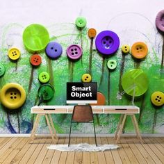 there is a wall with many buttons on it and a sign that says smart object