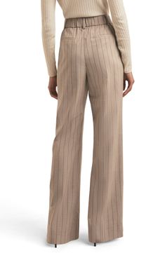 Classic pinstripes elevate the style of versatile wide-leg pants made with plenty of stretch for office-ready comfort. Zip fly with button closure
 Side-seam pockets; back welt pockets
 64% polyester, 34% rayon, 2% spandex
 Machine wash, line dry
 Imported Striped Wide Leg Formal Pants, Striped Wide Leg Pants For Formal Occasions, Formal Striped Wide Leg Pants, Elegant Striped Pants For Office, Elegant Striped Office Pants, Tailored Straight Pants With Vertical Stripes, Elegant Pinstripe Dress Pants, Pinstriped Wide-leg Pants For Business Casual, Pinstripe Wide Leg Pants For Work