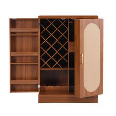 an open wooden cabinet with wine bottles on the door and shelves below it, isolated against a white background