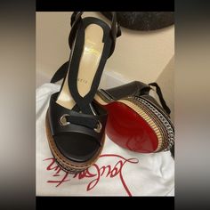 100% Authentic Christian Louboutin Tribuli Lace Up Wedge Platform Sandal Size 37 Brand New. (Black Leather W/ Ankle Wraps) Size 37 Fits Us 6.5 Or 7 Runs True To Size Dust Bags Included No Original Box But Stored And Will Ship In Plastic Bin From The Container Store Self-Tie Ankle-Wraps (Similar To An Espadrille, Adjustable) 5 1/2" Chain-Wrapped Wedge Heel 1 1/2" Platform -4" Equiv. 140mm Offers Welcome