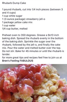 the recipe for rhubarb dump cake is shown