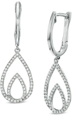 Zales 1/4 CT. T.W. Diamond Double Teardrop Earrings in 10K White Gold Formal Diamond Teardrop Earrings, Modern Diamond Pear-shaped Earrings, Modern Pear-shaped Diamond Earrings, White Gold Diamond Teardrop Earrings, Diamond White Drop Teardrop Earrings With Brilliant Cut, White Diamond Teardrop Earrings, White Gold Teardrop Earrings With Prong Setting, Sterling Silver Teardrop Earrings With Brilliant Cut, Diamond Teardrop Earrings For Fine Jewelry