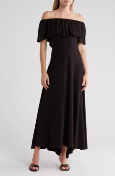 Elegant Flowy Off Shoulder Dress With Ruffles, Elegant Flowy Ruffled Off Shoulder Dress, Flowy Off-shoulder Maxi Dress With Ruffles, Flowy Off-shoulder Maxi Dress For Formal Occasions, Flowy Off-shoulder Formal Maxi Dress, Chic Flowy Off Shoulder Maxi Dress, Floor-length Off Shoulder Dress With Ruffles, Off-shoulder Ruffle Maxi Dress, Chic Off-shoulder Solid Maxi Dress