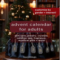 an advert for the calendar for adults with bags on display in front of a christmas tree