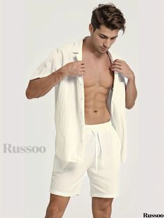 Russoo - Cotton and Linen Blend Mens 2-Piece Ensemble: Short Sleeve Shirt with Coordinating Beach Shorts Solid Color Short Sleeve Summer Sets, Casual White Beachwear Sets, White Casual Beach Set, Solid Color Summer Sets With Short Sleeves, Short Sleeve Beach Sets For Summer, Solid Color Summer Sets With Relaxed Fit, White Short Sets For Beach, Solid Color Relaxed Fit Sets For Beach, Casual Solid Color Sets For Vacation