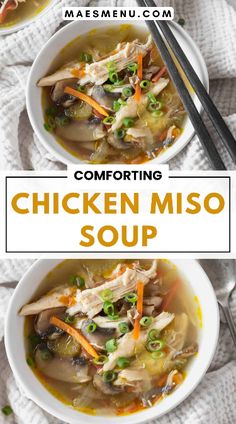 two bowls of chicken miso soup with chopsticks on the side and text overlay reading comforting chicken miso soup