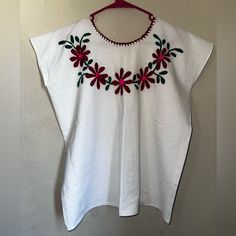 Brand New Handmade Embroidered Blouse Made By Indigenous People In Guerrero Mexico Red Crew Neck Blouse With Floral Embroidery, Mexican Shirts Woman, Mexican Shirts, Indigenous People, Crochet Shirt, Tie Front Blouse, Fashion Sewing Pattern, Ruffled Sleeve Top, Craft Fair