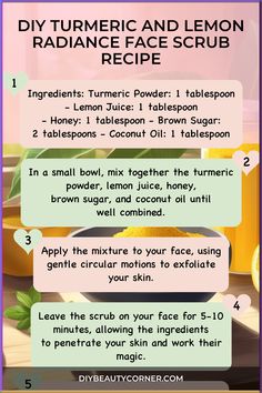 Explore the benefits of creating your own nourishing Turmeric and Lemon face scrub with this easy DIY recipe. Achieve a fresh, radiant complexion with natural ingredients that help to exfoliate and brighten your skin. Pamper yourself with this homemade beauty solution for a revitalizing skincare experience. Follow the steps and treat your skin to a luxurious spa-like treatment right at home! Turmeric And Lemon Face Mask, Turmeric Face Scrub Recipe, Exfoliating Face Scrub Diy, Facial Scrubs Homemade, Lemon Face Scrub, Beauty Hacks With Aloe Vera, Lemon Hand Scrub, Facial Scrub Recipe, Face Therapy