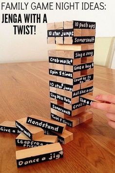 the facebook page for an interactive game called family game night ideas, which features wooden blocks stacked on top of each other