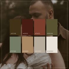 a man and woman embracing each other with the color palettes in front of them