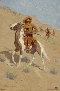 a painting of a man riding on the back of a white horse in a desert