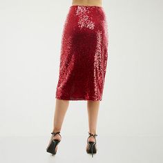 This Premier Amour women's red sequin pencil skirt is a glam style to add to your evening wear rotation. This midi skirt comes lined with a flat front waistband, side zip closure and a front slit for easy movement. Wear it with a blouse or camisole and heels. Front Style: Flat FrontFeatures: SequinsClosure Type: Side ZipperRise: At WaistApparel Length: 48 InchesFiber Content: 95% Polyester, 5% SpandexFabric Description: MeshLining: LinedLining Material: PolyesterSkirt Length: Knee LengthCare: L… Womens Pencil Skirt, Womens Pencil Skirts, Pencil Skirts, Pencil Skirt, Sequin, Product Description, Pencil, Skirt, Red