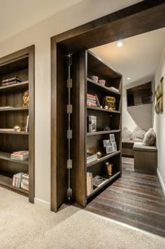 an open bookcase with many books in it