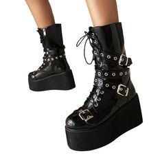 Gothic Punk Platform Boots, High Chunky Platform Boots, Riding Boots, Long Boots, Zipper Boots. PU Leather Boots. Combat Boots, Biker Boots, Punk Boots, Gothic Boots. Black Women's Boots. Looking to make a fashion statement? Then you can't go wrong with these awesome chunky, gothic, punk, platform boots. 3.5-inch heels are no problem with these super soft comfortable boots you will feel like you are floating on air, and they are surprisingly easy to walk in. Standing or walking for long periods Edgy Lace-up Wedge Boots For Streetwear, Punk Style Lace-up Platform Mid-calf Boots, Edgy Lace-up Wedge Boots For Fall, Punk Style Lace-up Platform Moto Boots, Edgy Ankle-high Chunky Platform Wedge Boots, Punk Boots With Chunky Platform For Spring, Spring Punk Boots With Chunky Platform, Punk Style Mid-calf Boots With Platform And Round Toe, Gothic Wedge Boots For Fall