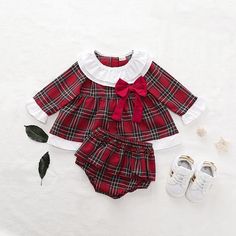 Plain Matching Pajamas 2-piece Plaid Dress & Shorts for Baby Girl – PrettyKid Bottoms Outfit, Christmas Suit, Christmas Romper, Red Plaid Dress, Dress Tops, Kids Boutique Clothing, Ruffle Long Sleeve, Long Sleeve Plaid Shirt