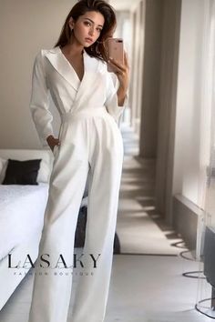 Lasaky - Sophisticated Solid Color V-Neck Jumpsuit with Long Sleeves and Slim-Fit Pants Open Back Dress Formal, High Waist Jumpsuit, Fringe Fabric, Bridal Jumpsuit, Overall Jumpsuit, Two Piece Jumpsuit, Jumpsuit Pattern, Dress Order, White Jumpsuit